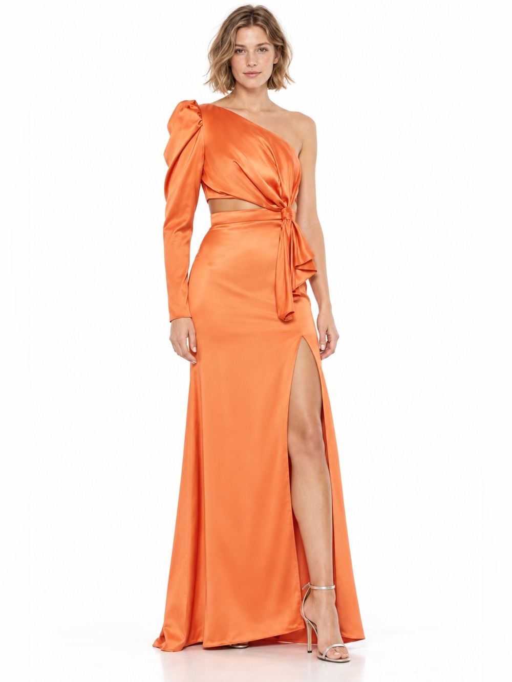 Mac Duggal 49570 Orange Satin One Shoulder Cutout Gown Size 2 NWT